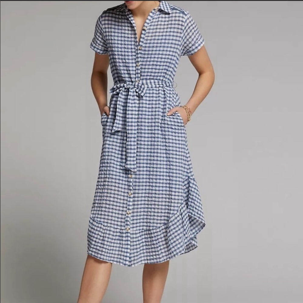 Anthropologie Blue and White Gingham Midi Shirt Dress